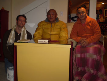 Mark Kirlin with his root teacher, HH Ngawang Tenzin Rinpoche from Bhutan. To Rinpoches left is Lama Karma Namgyel, Ngawang Tenzin's disciple. Photo taken in November, 2011, at the Drukpa Mila Center in Salem, Ore.