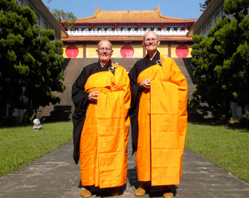 Vens. Jigme and Chonyi in their Chinese bhikshuni robes at Fo Guang Shan monastery in Taiwan