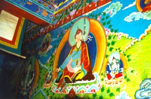 Wall Painting of Padmasambhava, the founder of Tibetan Buddhism, at Tsogyel Latso Temple in Tibet
