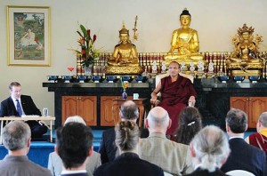 The 17th Karmapa gives a teaching in Nalanda West’s shrine room in 2008