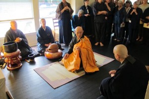 Harada Roshi, center, leads the opening ceremony of the zendo in May
