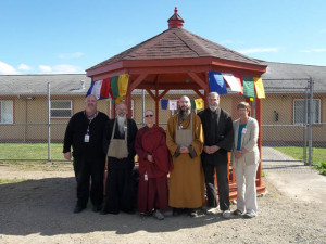 Buddhist and other religious leaders celebrated the opening of the pagoda. From left to right, SCC Chaplain Cloud, Koro Kaisan Miles, Ven. Thubten Chonyi, Fa Hsing Jeff Miles, Rowan Conrad and Peggy Conrad