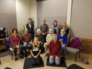 Participants at a recent Thursday evening meditation and discussion session. Back row – Jay Grate, Wes Luckey, Mary Ann Mason, Brenda Tagestad. Middle row – Kristin Coffman, Tim Barbour, Teri Warner, Ray Warner, and Gayle Wilde. Front row – Laura Kostad and Chris Murray. Murray is the founder and leader of Insight Meditation of the Mid-Columbia.