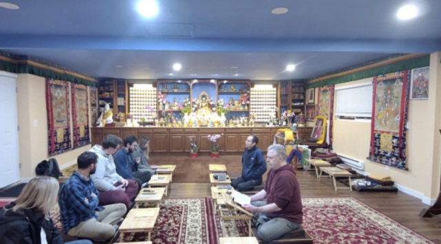 The sangha studying the 37 Bodhisattva practices, in person and virtually