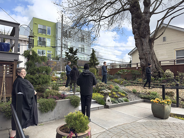 Participants in the Seattle Soto Zen spring practice period practice outdoor kinhin at Chobo-ji in Seattle. Pictured left is Kanshin Alison Tait, resident teacher at Seattle Soto Zen