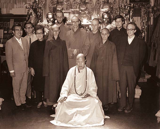 Dharmamitra (fourth from right) in 1969 together with the Venerable Master Hsuan Hua and the other four of the first five American Chinese tradition bhikshus and bhikshunis.