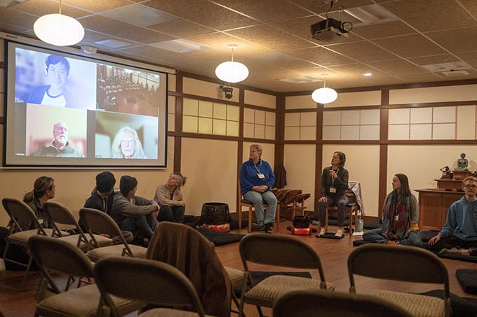 Our weekly meeting is hybrid so that sangha members can join via Zoom if they choose.