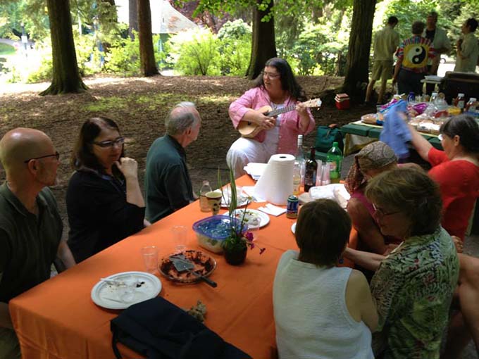 Portland sangha members enjoy a cheerful midsummer gathering in 2017.