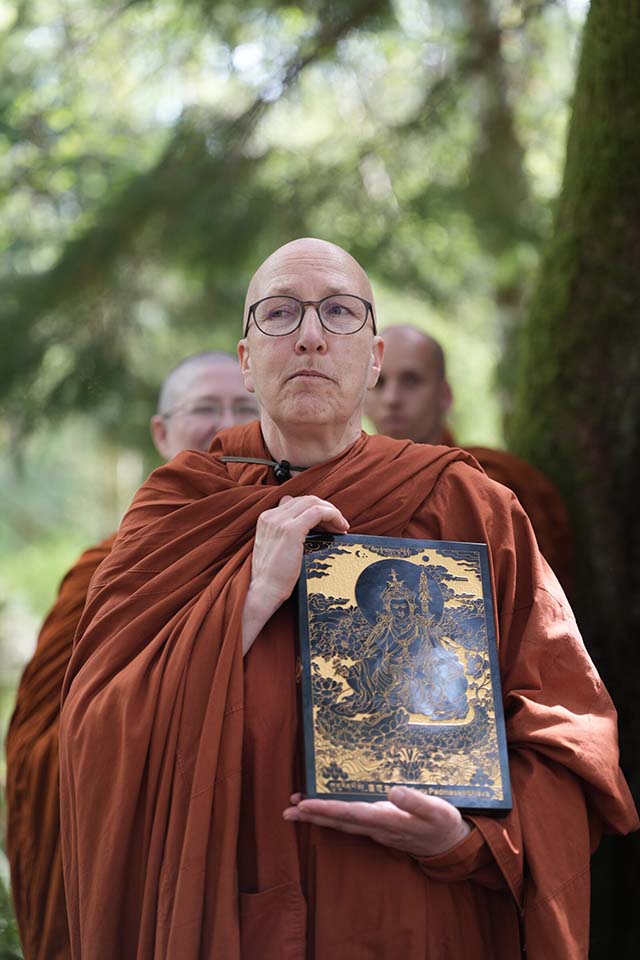 Ayya Anandabodhi, abbot of Parayana Vihara in Port Townsend, Washington, brought to the first ceremony on the purchased land, a plaque with a peace blessing from Pamasambhava, the founder of Tibetan Buddhism