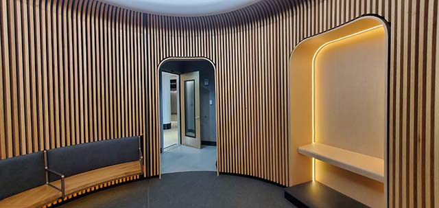 The circular prayer and meditation room, which includes a place for kneeling prayer, is very quiet when door is closed