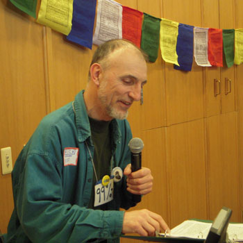 Rich Harlan, a leader in Buddhist Peace Fellowship Seattle, makes a point in his presentation about social action and the dharma.