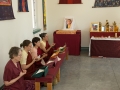 Tara Practice in the north wing meditation hall. From left, Julie Colley, Sura, Cathy Neuman, Donna Albino