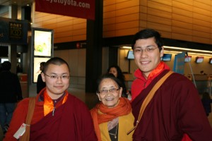 Abhaya Rinpoche, Dagmo Kusho Sakya, and HAvikrita Rinpoche at Sea-Tac Airport before Abhaya Rinpoche and Avikrita Rinpoche departed for India in February