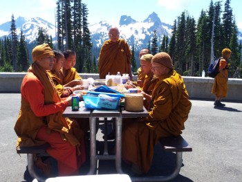 The monks shared their mid-day meal, at tables outside the Mt. Rainier visitor’s center
