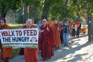 About 40 monastics joined the Buddhist Global Relief walk, which is an event, founded by Bhikku Bodhi, intended to help provide emergency food aid around the world