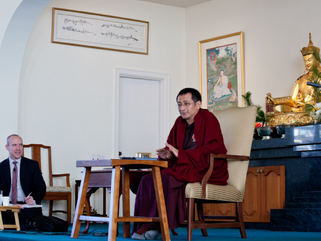 Dzogchen Ponlop Rinpoche teaching students at Nalanda West, Mitra Dean Tyler Dewar translating