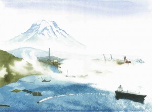 A dreamlike representation of Mt. Rainier, across fog-shrouded Commencement Bay in Tacoma, Washington