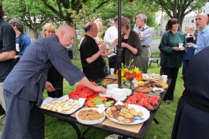 A picnic reception followed the May opening. People attending included Alan Gensho Florence in foreground, Lisa Jiki Shin Bland, Roy Tribelhorn, Kay Haynes, Steve Paget, Brenda Wajun Loew and Michael Podlin