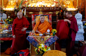 H.E. Garchen Rinpoche and his two attendants, Lama Bunima and Lama Abao at the Sakya Monastery in 2013. This was the first event organized by Drikung Seattle and the year of its founding.