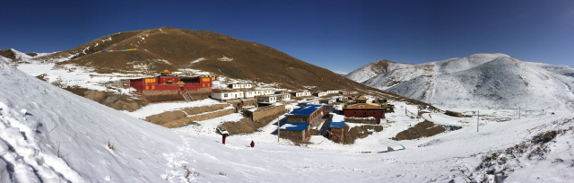 Kilung Monastery, in the snow of the Tibetan Himalayas.