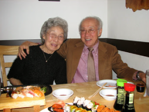 Alice Unno and Rev. Taitetsu Unno celebrate their anniversary in 2008, at a sushi restaurant.