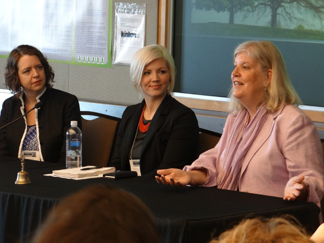 A panel fields questions from the audience. Shown (left to right): Larissa Duncan (University of California, San Francisco), Miranda Sitch (University of Washington), Barbara Burns (Santa Clara University)