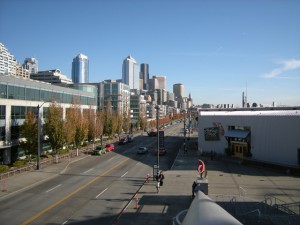 The view into Seattle’s downtown, from the Bell Harbor International Conference Center