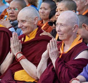 The Ven. Karma Lekshe Tsomo, co-founder of Sakyadhita, on the right. Next to her, Jetsuma Tenzin Palmo