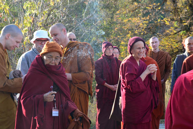 The monastics light incense before the land-blessing ceremony