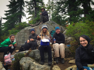 Group campsite photo at Hannegan’s Pass in the North Cascades during the Wake Up backpacking retreat, August 2015. Dylan Sympson (top); left to right: Johanna Stulting, Ed Wayt, Vanessa Loucky, Jennifer Wood and Mercia Moseley