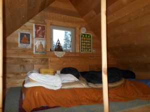 The sleeping loft of the “modern” cabin, the most outfitted of the three