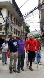 Me, my friend Jim and his brother Vance, reunited in Kathmandu on May 1. The earthquake fractured Jim’s leg. The Nepali army flew us to Kathmandu on helicopters