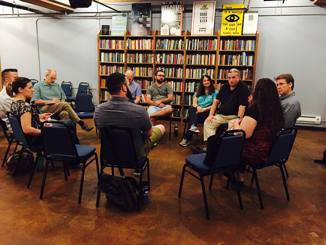 Participants in the May 7 Christian-Buddhist roundtable at Elliott Bay Books included Will Haag, Stephanie Eichentopf, George Draffan, CJ Young, Phil Peterson, Kyle Reynolds, Kathy Adams, Mark Winwood, Polly Trout, and Paul Metzger