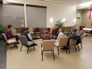 Wednesday morning meditation. Left to right – Lauren Caslin, Mike McKever, Mike Barnes, Gayle Wilde, and Jane Roop. The Wednesday morning session was started by Caslin two years ago. 