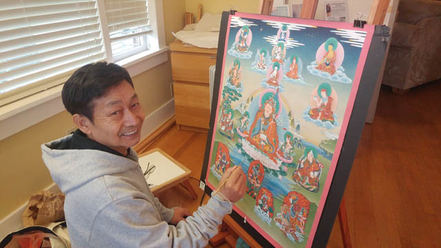 Tibetan thangka painter R.D. Salga is known for his precise hand work, and for his adherence to the rigorous forms of the sacred art form.