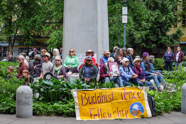 On June 4, 2017, when the alt-right group “Patriot Prayer” staged a rally in Portland, several thousand anti-fascist groups came out to meet them. BPFP held a sit/stand/walking meditation near the point of confrontation.