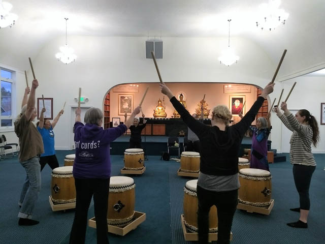 Practicing traditional Japanese drumming at the November “Celebrating the Sangha” event, in Seattle.