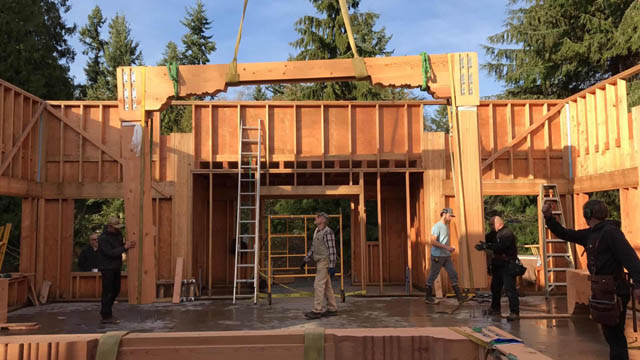 Construction crews raising the primary timbers, during the fall of 2017.