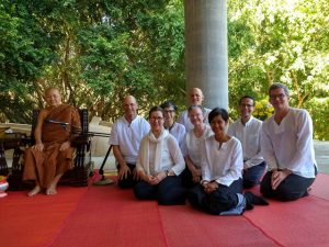 At Wat Pah Sai Gnam with Ajahn Anek. Left to right: First row: Joan Benge, Krissy Martin. Second row: Ajahn Anek, Scott Benge, Carole Melkonian, Ruby Grad, Matthew Grad, Bob Martin