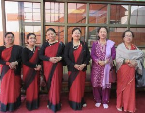 The welcoming committee of lay women greets Willa Schneberg  at the Dharmakirti Vihar