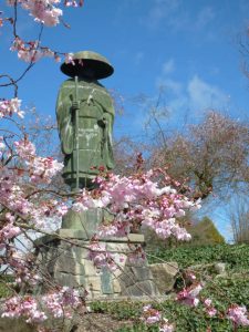 This statue of Shinran, founder of the Jodo Shinshu tradition, stands across the street from Seattle Betsuin