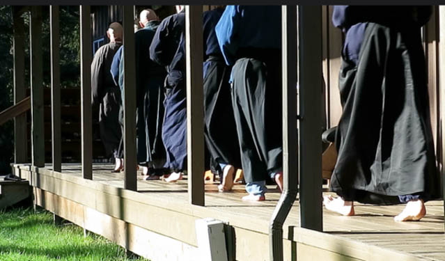 People doing retreat at Tahoma Monastery use traditional Japanese practice forms, such as this walking meditation around the zendo deck