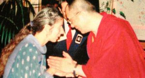 The Dalai Lama warmly greeting Michelle Levey at the Mind and Life Conference in Marina Del Ray, California, in 1989