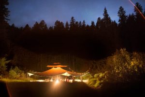 The Nature's Heart wilderness meditation hall, 46 feet across, during a nighttime meditation