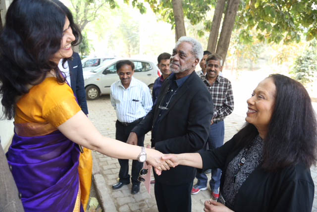 Sharyn Skeeter meeting Sunita Ghosh at Agra University in India, February, 2018. (Charles Johnson is in background.)