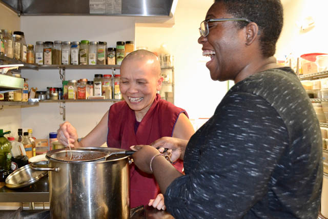 Ven. Thubten Pende and guest Rashika Stephens from Seattle strain chai together