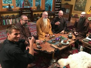 MILIFE photo 1 – Richard Miles sipping well-aged pu’er tea with friends, in Portland, Oregon.  Left to right: Jack Pockley, Richard Fagan, Miles, Eric Reed and Jeff Miles.