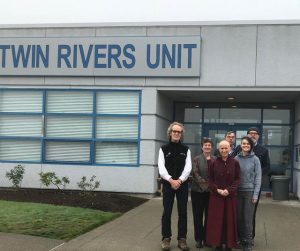 Volunteers at Twin Rivers Unit in October. 2018.  From left to right: Jordan Van Voast, Jean Berolzheimer, Venerable Thubten Chodron, Jack Buce, Colette Janning, Eric Schmidt.