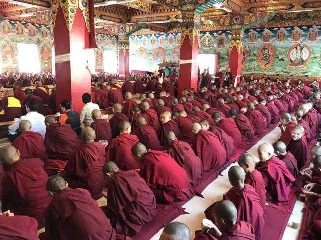 About 600 Tibetan Buddhist nuns gather at Kopan Nunnery in Nepal, in October, 2018, for the opening of the annual Jang Gonchoe inter-nunnery debate