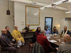 NWDA community meeting hosted by the Seattle Koyasan Buddhist Temple, February 6, 2019. From left: Riaz Khan, Washin, Imanaka Taijo Sensei, Sharyn Skeeter, George Draffan, John Guy, Susan Greenfield, Lama Rangdrol, Timothy O’Brien